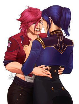 Caitlyn Kiramman stands in front of Vi with her back to the viewer. She wears her uniform from S2 Arc 3, and is grabbing the lapels of Vi’s iconic red leather jacket. Vi smiles at her, hands on Caitlyn’s waist. We never saw the red jacket again after the
