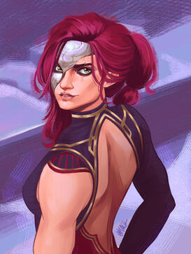 Katarina from League of Legends, as depicted in the cinematic Welcome to Noxus, standing as she looks at the viewer over her shoulder with a smirk.