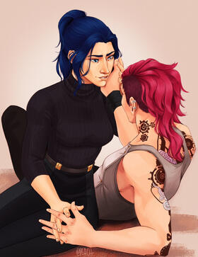 Caitlyn smiles and sits on the floor next to Vi, who’s halfway laying down while she cups Caitlyn’s cheek with her hand. Their free hands are threading together, Vi’s back tattoos are visible over her shirt.