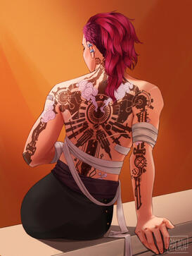 Vi from arcane, post season 2, sitting on the ledge of a wall with her exposed back to the viewer, tattoos in full display. She was bandages wrapped around her arms and waist, one of the ends draping off her body. Her knuckles are split and still healing.