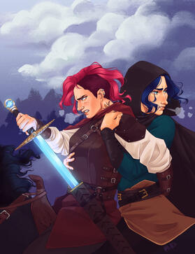 Knight Vi and Princess Caitlyn riding on a black horse. Caitlyn rides on the back, holding onto Vi while she looks over her shoulder at their chasers (not in view). At the front, Vi is unsheathing her sword, Atlas, which is glowing bright blue, alerting th