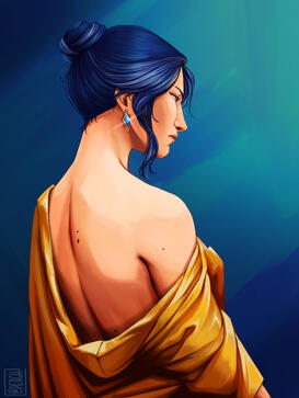 Caitlyn from arcane, posing with her back towards de viewer in a blue background, her back is exposed and she has a golden robe draped over a shoulder and the rest of her body. Her profile is visible, her lightly graying hair is pinned up in a bun and on h